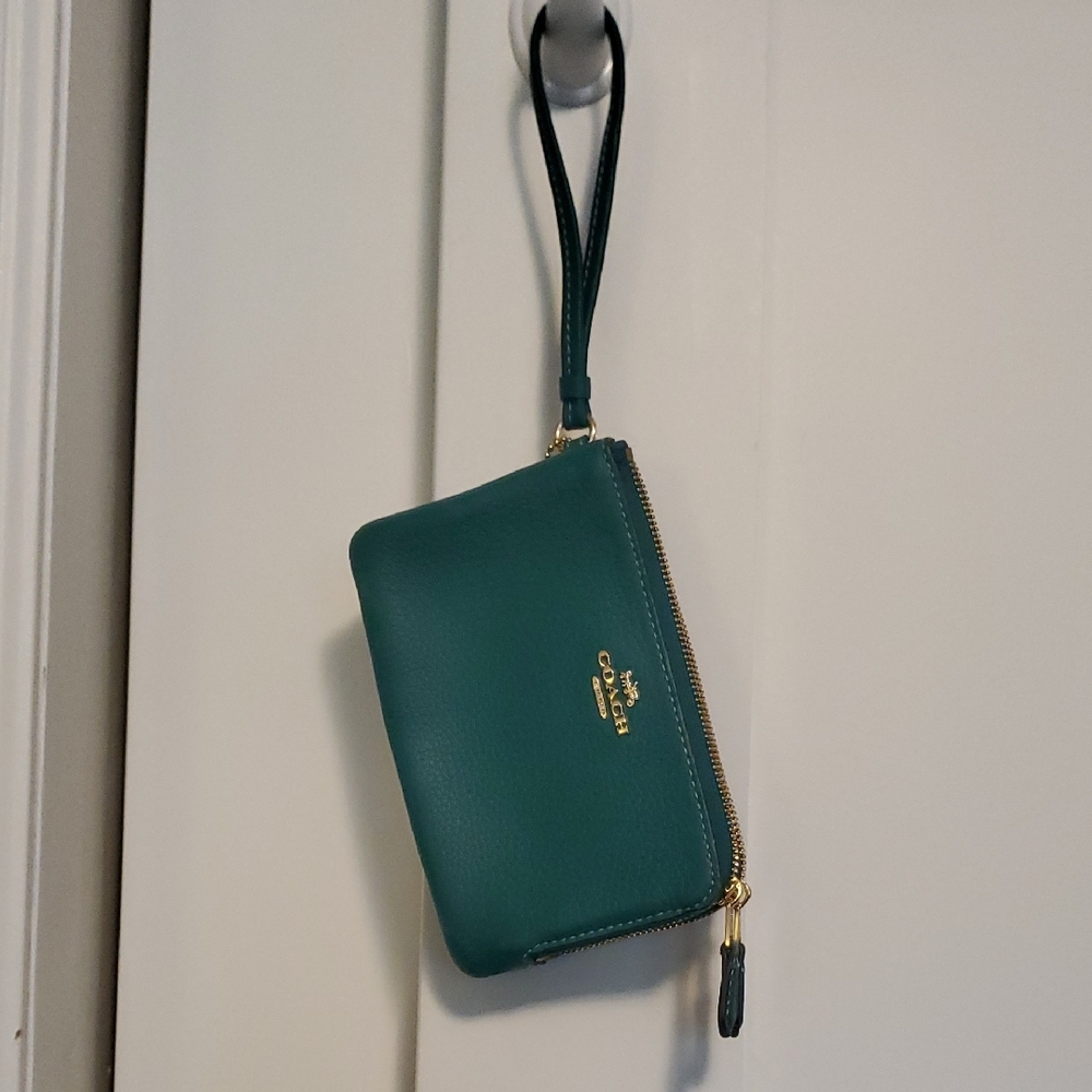 Coach Green Leather Wristlet with Gold Accent